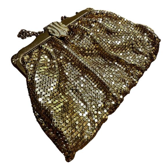 Vintage Whiting & Davis gold mesh evening bag top handle clutch rhinestone clasp - Picture 13 of 13
